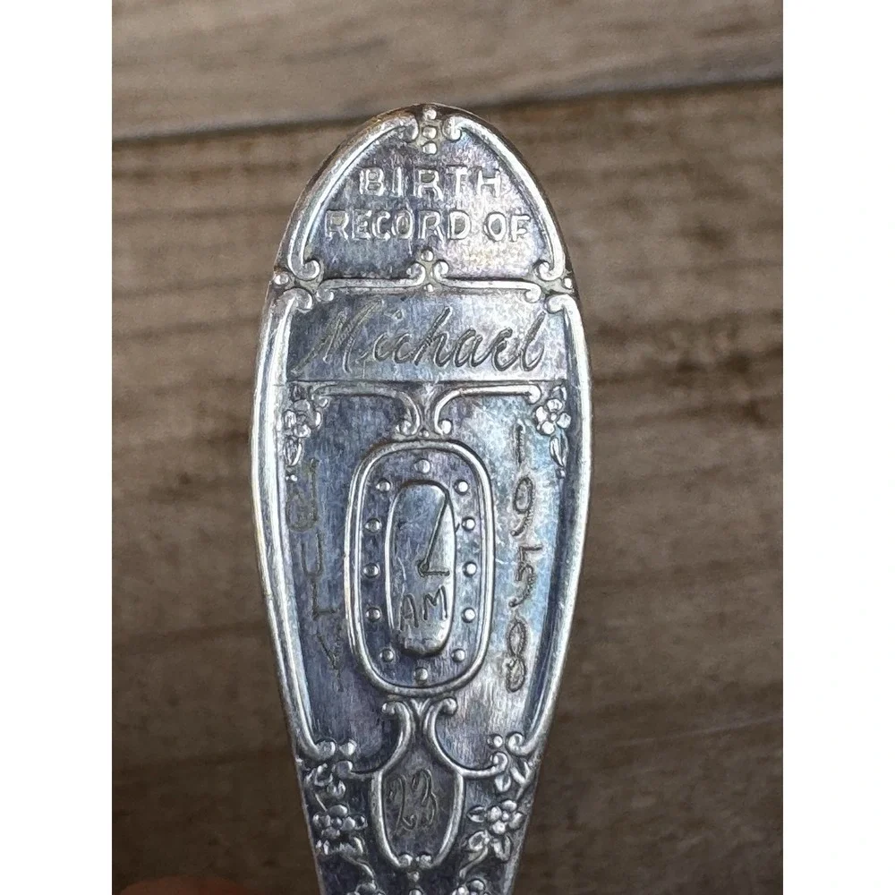Vtg Silver-Plate WM Rogers‎ Birth Record Baby Spoon Stork Engraved Michael 1958
